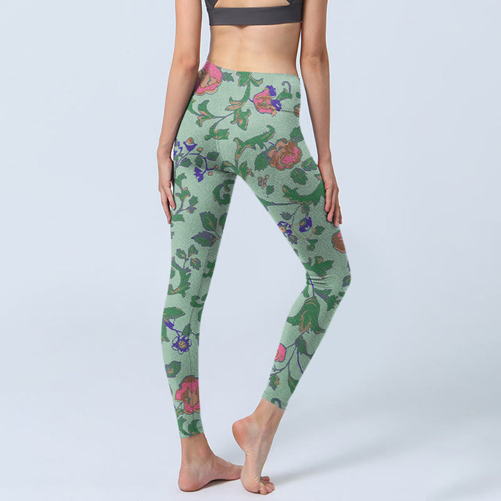 Buddha Stones Green Red Roses Green Leaves Print Gym Leggings Women's Yoga Pants - image 4