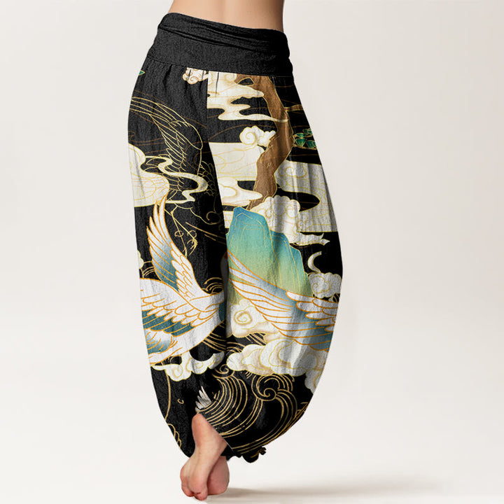 Buddha Stones Flying Cranes Auspicious Clouds Tree women's Elastic Waist Harem Pants - image 3