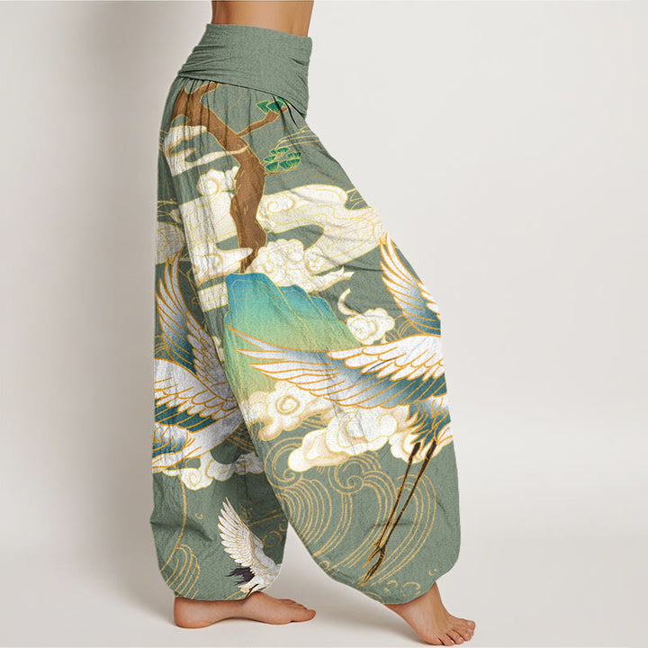 Buddha Stones Flying Cranes Auspicious Clouds Tree women's Elastic Waist Harem Pants