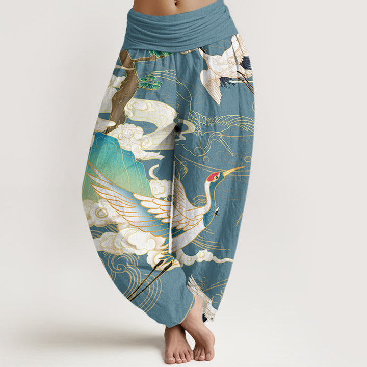 Buddha Stones Flying Cranes Auspicious Clouds Tree women's Elastic Waist Harem Pants - CadetBlue - US22，UK/AU26，EU54 (6XL) - image 8
