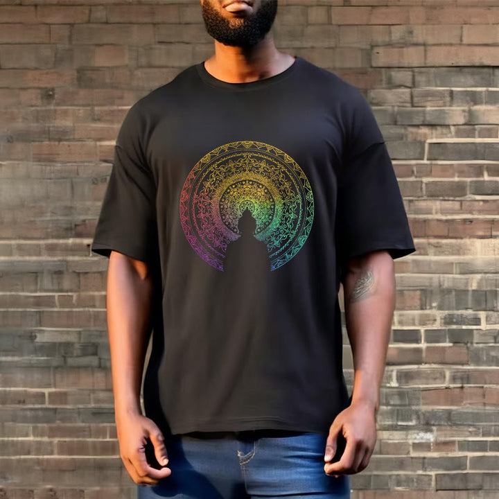 Buddha Stones Colorful Gradient Mandala Buddha Cotton Tee T-shirt