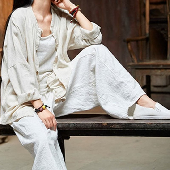 Buddha Stones Casual Plain Color Elastic Waistband Fleece Lined Cotton Ramie Women's Pants With Pockets - image 24