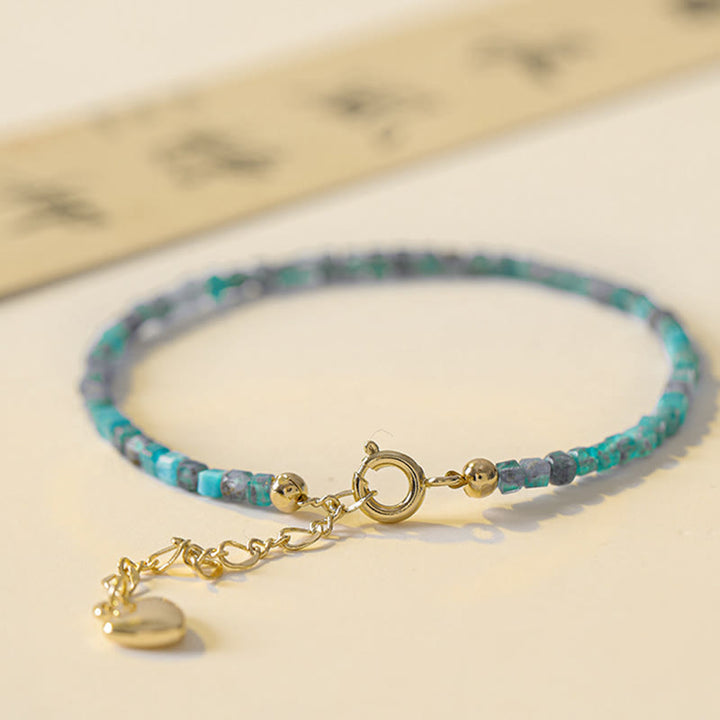 Buddha Stone 2.5mm Apatite Ultra-thin Beads 14k Gold Plated Copper Heart Motivation Bracelet