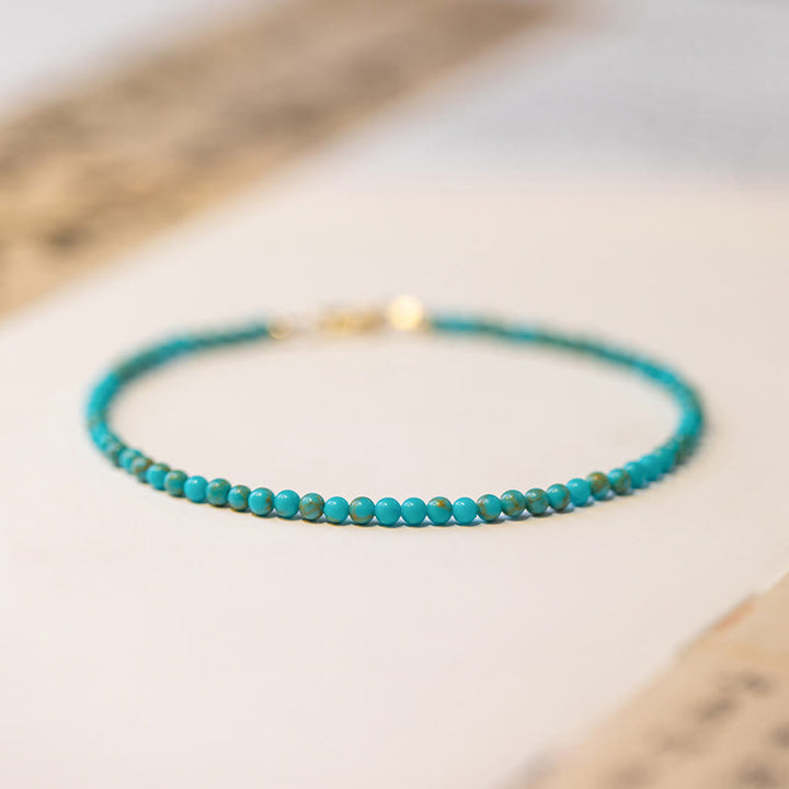 Buddha Stones 2mm Turquoise Ultra-thin Beads 14k Gold Plated Copper Wisdom Bracelet