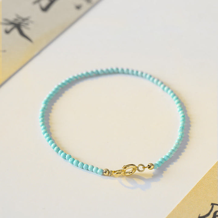 Buddha Stones 2mm Turquoise Ultra-thin Beads 14k Gold Plated Copper Wisdom Bracelet