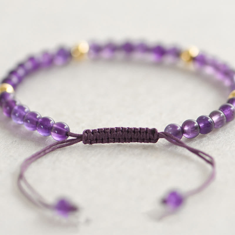 Buddha Stones 4mm Handmade Natural Amethyst 14k Gold Plated Copper Beads Braided String Relieves Stress Bracelet