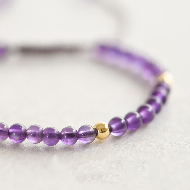 Buddha Stones 4mm Handmade Natural Amethyst 14k Gold Plated Copper Beads Braided String Relieves Stress Bracelet