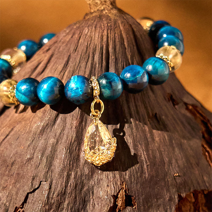 Buddha Stones Blue Tiger Eye White Crystal Water Drop Strength Bracelet