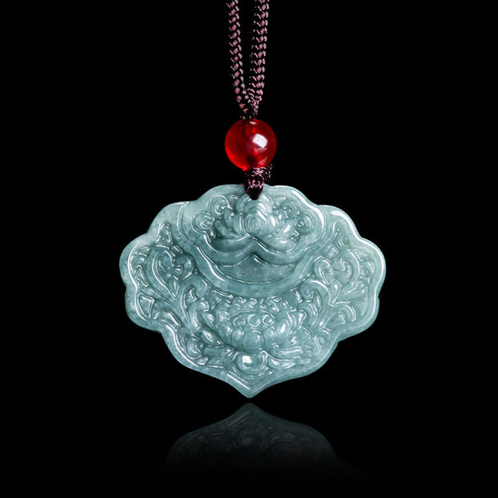 Buddha Stones Lotus Pattern Carved Jade Abundance Prosperity Necklace Rope Pendant