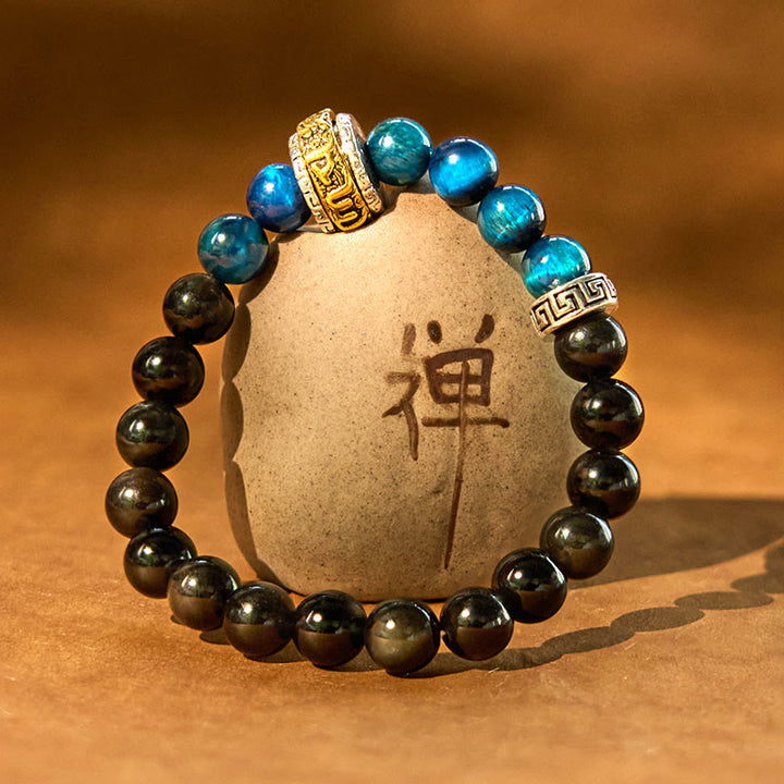 Buddha Stones Silver Sheen Obsidian Blue Tiger Eye Protection Bracelet