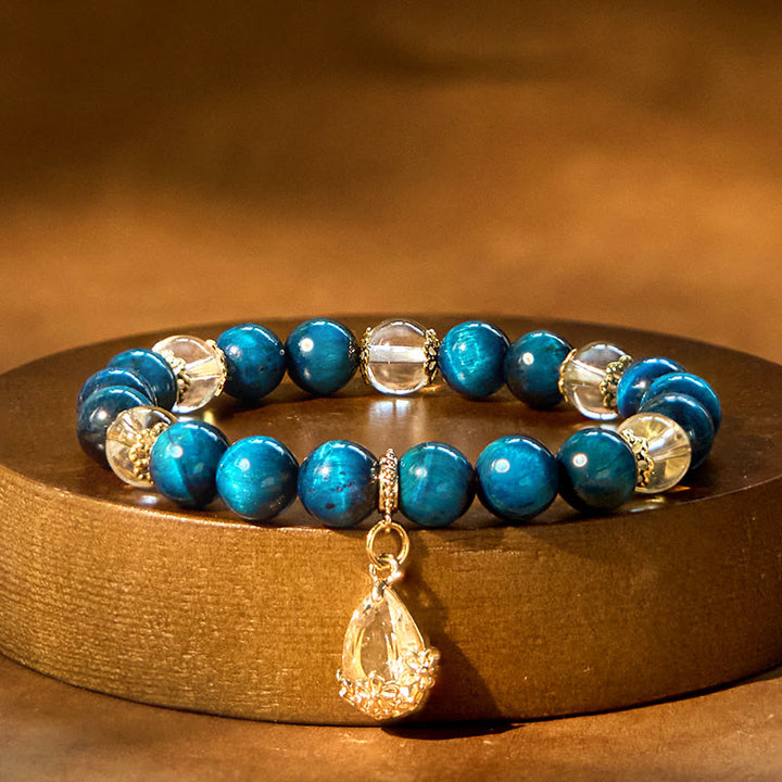 Buddha Stones Blue Tiger Eye White Crystal Water Drop Strength Bracelet