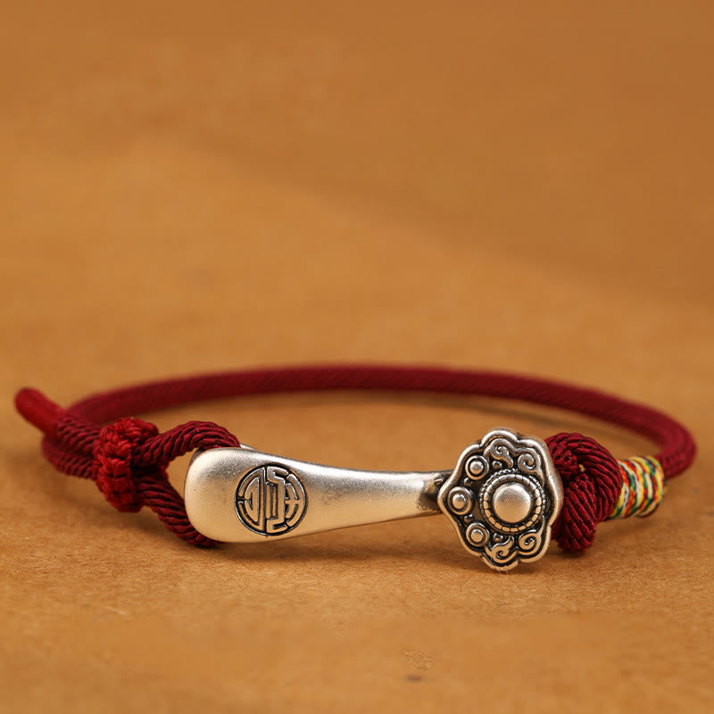 Buddha Stones 999 Sterling Silver Ruyi Stick String Protection Braided Bracelet - Dark Red Rope - 19-21cm - image 1