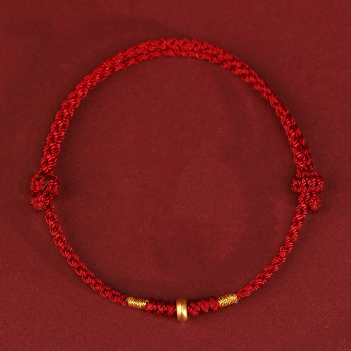 Buddha Stones 999 Gold Small Lucky Beads String Protection Luck Braided Bracelet Anklet - 999 Gold Anklet(Circumference 19-23cm) - Dark Red Rope - image 1