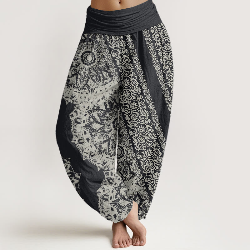 Buddha Stones Cotton Mandala Pattern Parallel Flowers Women's Elastic Waist Harem Pants - DimGray - US22，UK/AU26，EU54 (6XL) - image 0