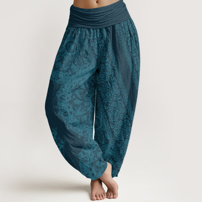 Buddha Stones Mandala Pattern Parallel Flowers Women's Elastic Waist Harem Pants - DarkCyan - US22，UK/AU26，EU54 (6XL) - image 4