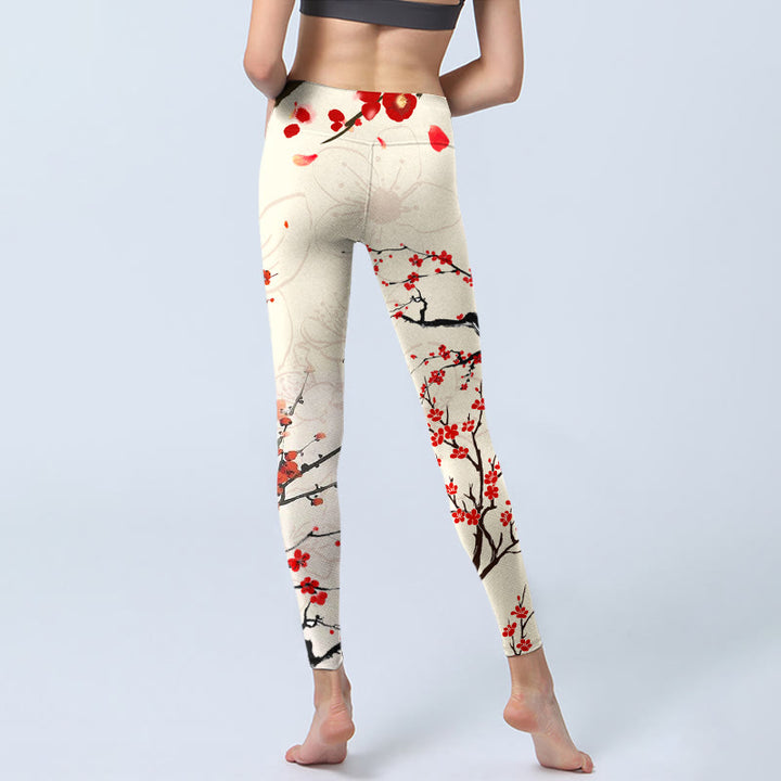 Buddha Stones Blooming Red Plum Blossoms Print Gym Leggings Women's Yoga Pants - image 6