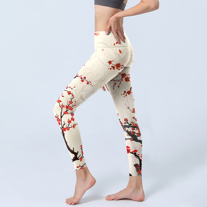 Buddha Stones Blooming Red Plum Blossoms Print Gym Leggings Women's Yoga Pants - image 2