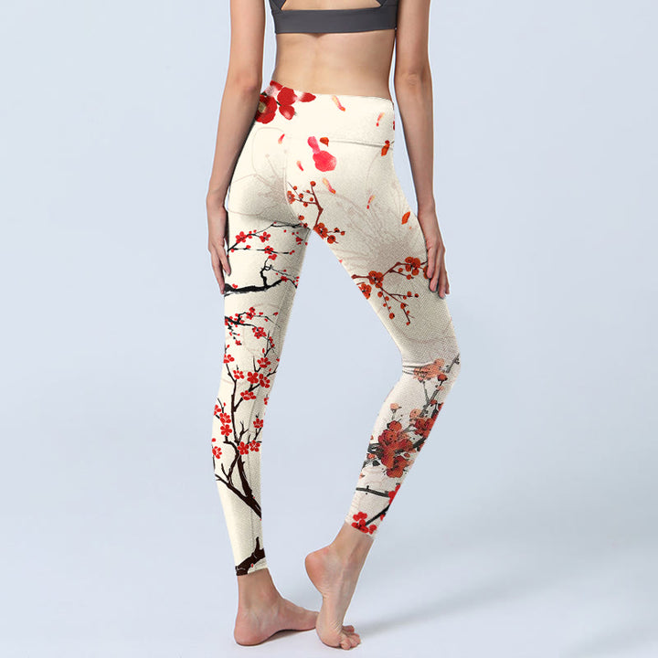 Buddha Stones Blooming Red Plum Blossoms Print Gym Leggings Women's Yoga Pants - image 4