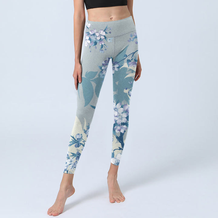 Buddha Stones White Blue Flowers Print Gym Leggings Women's Yoga Pants - image 5
