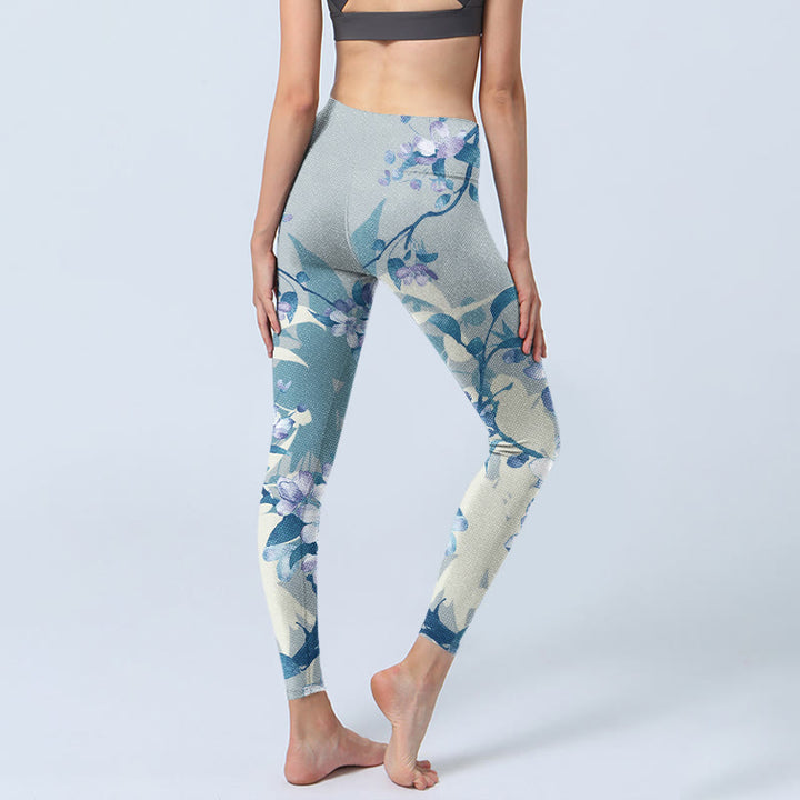 Buddha Stones White Blue Flowers Print Gym Leggings Women's Yoga Pants - image 4