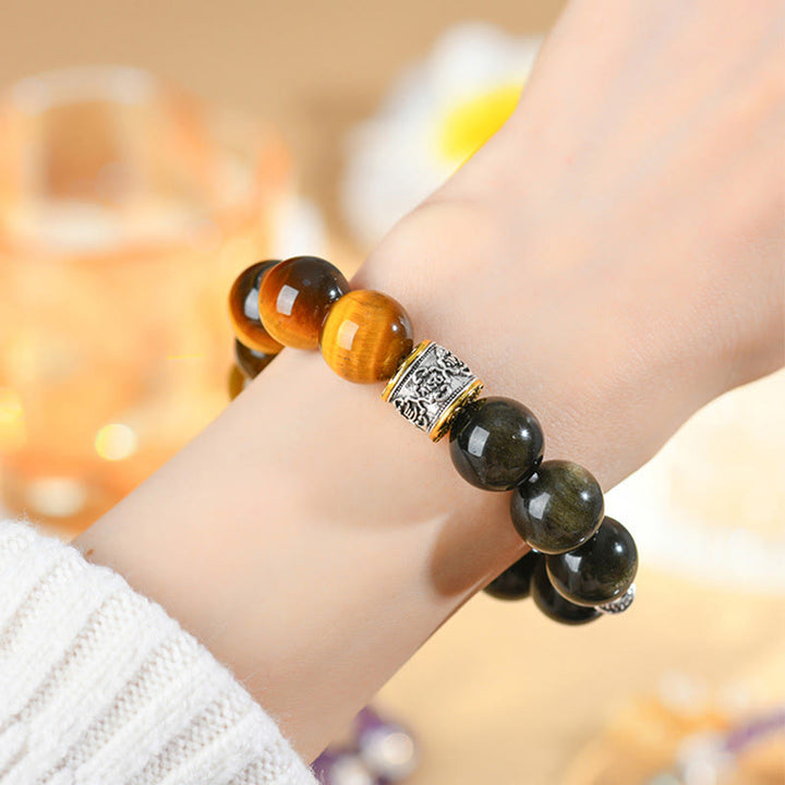 Buddha Stones Tiger Eye Gold Sheen Obsidian Om Mani Padme Hum Bracelet