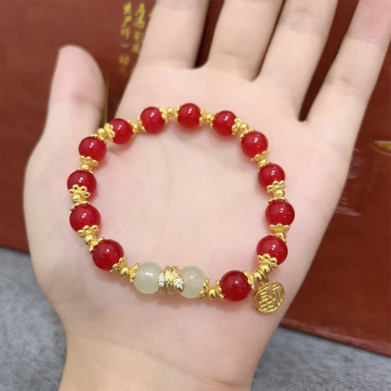 Buddha Stones Red Agate Jade Fu Character Year of the Snake Calm Bracelet