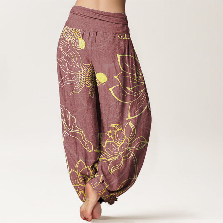 Buddha Stones Cotton Lotus Leaf Koi Fish Women's Elastic Waist Harem Pants - image 9