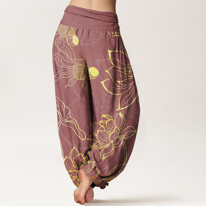 Buddha Stones Lotus Leaf Koi Fish Women's Elastic Waist Harem Pants - image 10