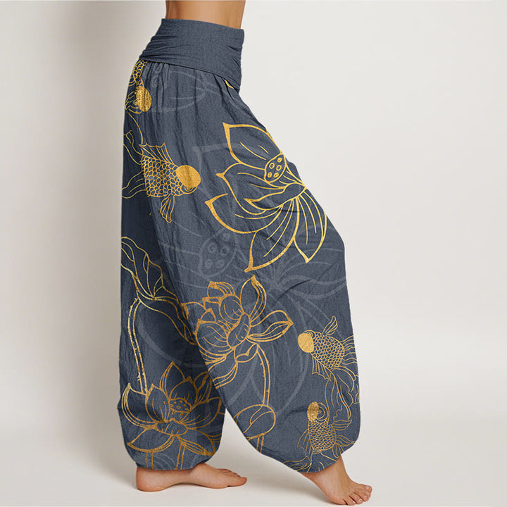 Buddha Stones Cotton Lotus Leaf Koi Fish Women's Elastic Waist Harem Pants - image 6