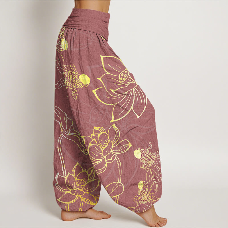 Buddha Stones Lotus Leaf Koi Fish Women's Elastic Waist Harem Pants - image 9