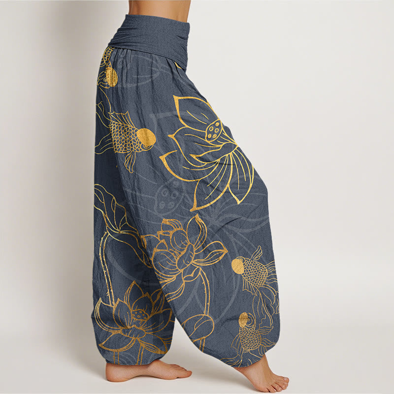 Buddha Stones Cotton Lotus Leaf Koi Fish Women's Elastic Waist Harem Pants - image 5