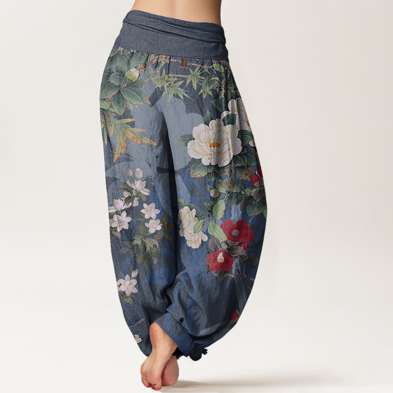 Buddha Stones Casual Peony Flowers Leaves Magpie Women's Elastic Waist Harem Pants
