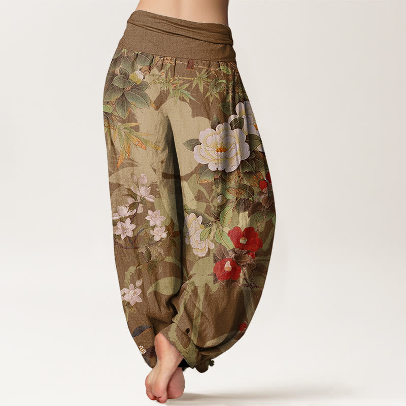 Buddha Stones Cotton Casual Peony Flowers Leaves Magpie Women's Elastic Waist Harem Pants - image 6