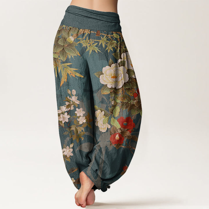 Buddha Stones Cotton Casual Peony Flowers Leaves Magpie Women's Elastic Waist Harem Pants - image 2