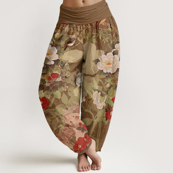 Buddha Stones Casual Peony Flowers Leaves Magpie Women's Elastic Waist Harem Pants - DarkGoldenrod - US22，UK/AU26，EU54 (6XL) - image 4