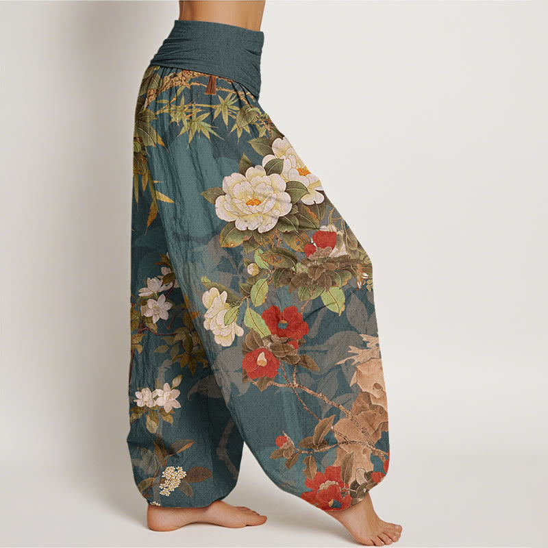Buddha Stones Cotton Casual Peony Flowers Leaves Magpie Women's Elastic Waist Harem Pants - image 1