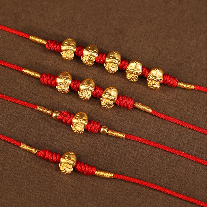 Buddha Stones 999 Gold Ingot Coin Ruyi Gourd Fu Character Year of the Snake Red String Belly Chain