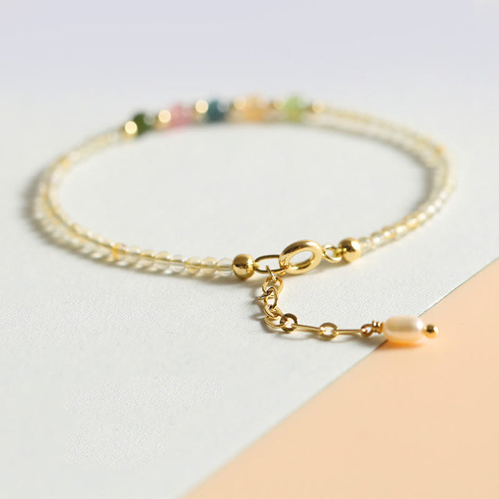 Buddha Stones 2.5mm Ultra-thin Citrine Tourmaline 14K Gold Filled Copper Beads Prosperity Bracelet