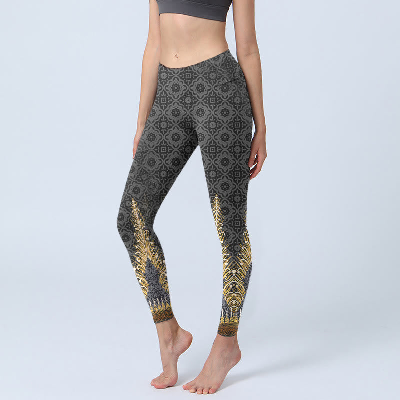 Buddha Stones Dark Gray Geometric Gold Feather Print Gym Leggings Women's Yoga Pants - DimGray - US18，UK/AU22，EU50 (4XL) - image 0