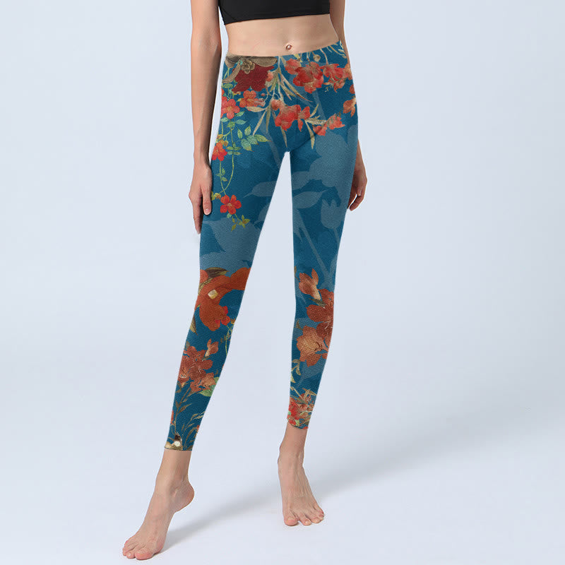 Buddha Stones Blue Red Flowers Birds Print Gym Leggings Women's Yoga Pants - image 5