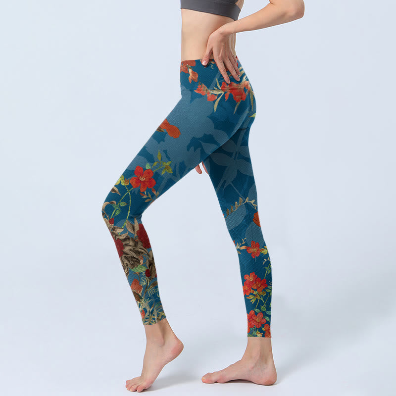 Buddha Stones Blue Red Flowers Birds Print Gym Leggings Women's Yoga Pants - image 2