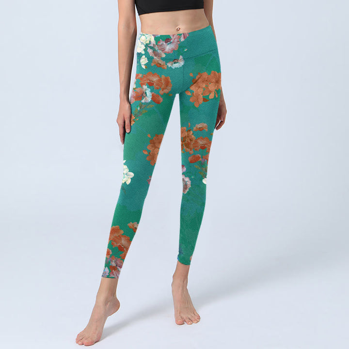 Buddha Stones Green Orange Beige Floral Print Gym Leggings Women's Yoga Pants - image 5
