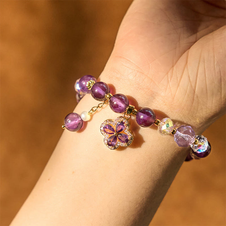 Buddha Stones Natural Amethyst Crystal Four Leaf Clover Spiritual Healing Bracelet