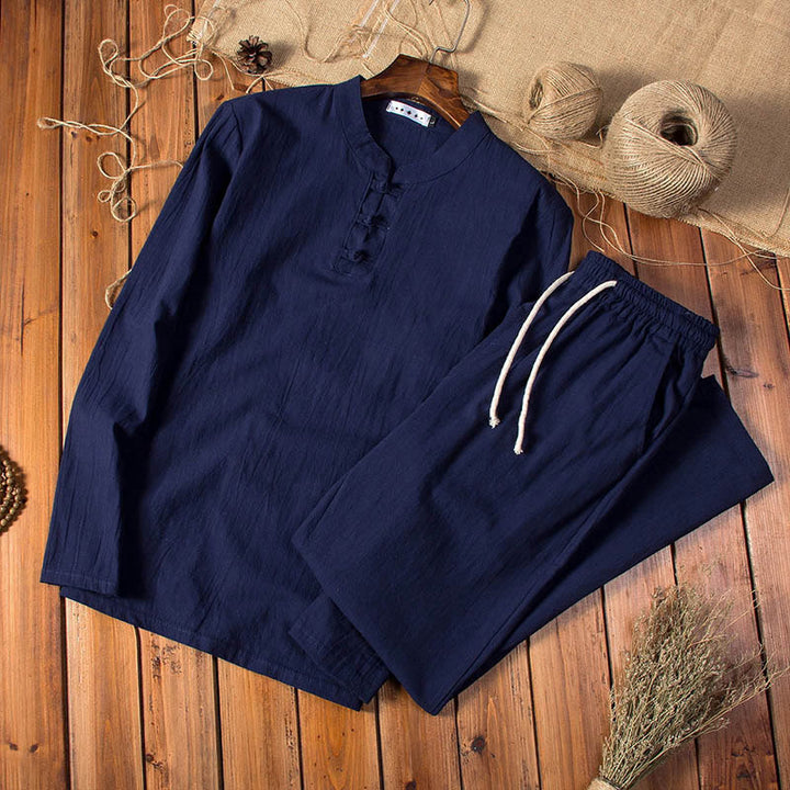 Buddha Stones Pure Color Cotton Linen Long Sleeve Top Pants Clothing Men's Set - MidnightBlue - US/UK/AU46，EU56 (5XL) - image 15