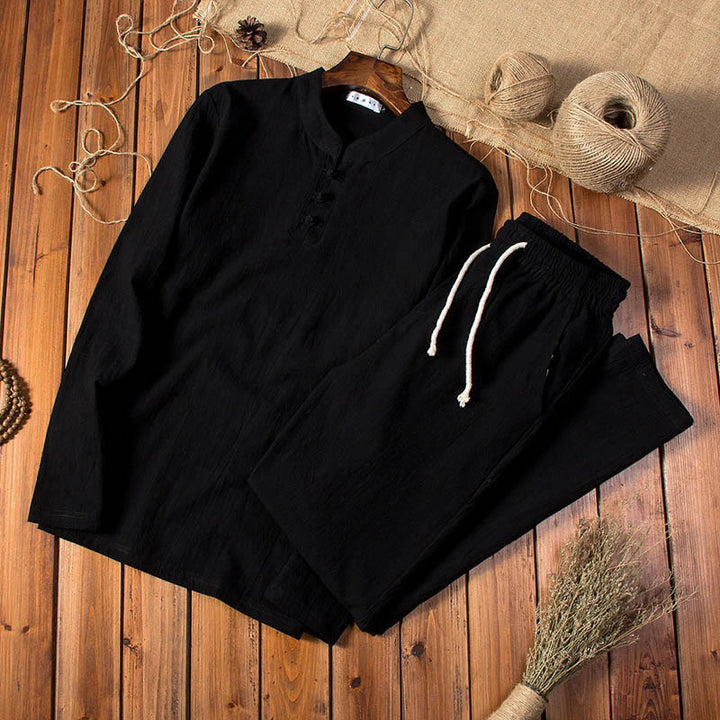 Buddha Stones Pure Color Cotton Linen Long Sleeve Top Pants Clothing Men's Set - Black - US/UK/AU46，EU56 (5XL) - image 13