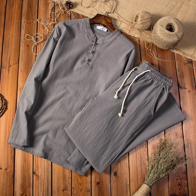 Buddha Stones Pure Color Cotton Linen Long Sleeve Top Pants Clothing Men's Set - DimGray - US/UK/AU46，EU56 (5XL) - image 11