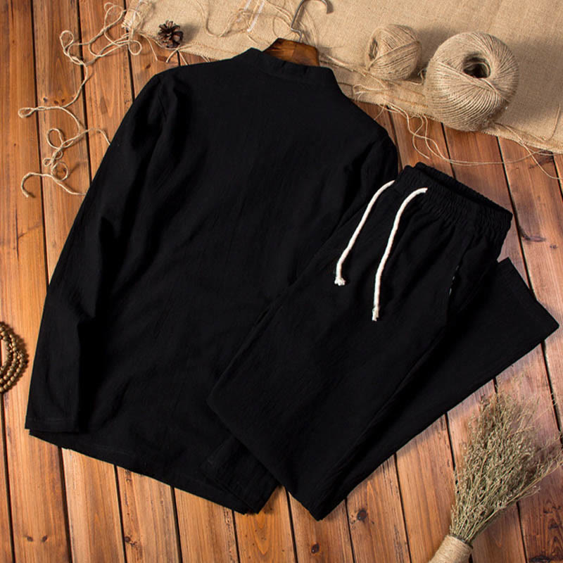 Buddha Stones Pure Color Cotton Linen Long Sleeve Top Pants Clothing Men's Set - image 14