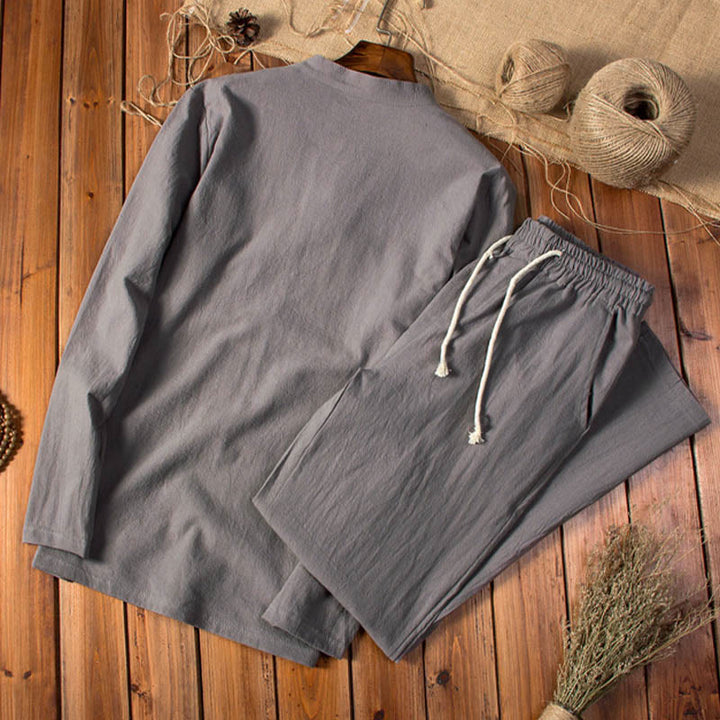 Buddha Stones Pure Color Cotton Linen Long Sleeve Top Pants Clothing Men's Set - image 12