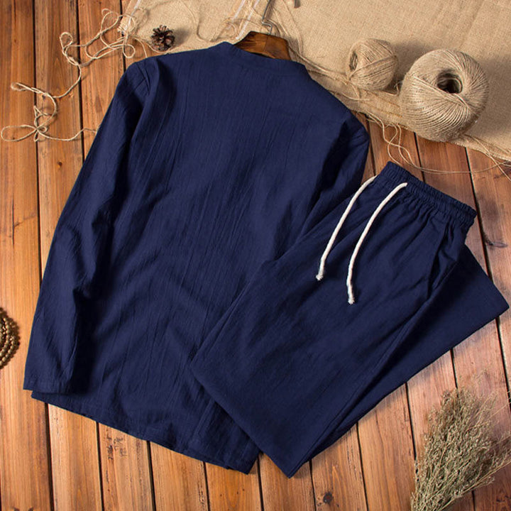 Buddha Stones Pure Color Cotton Linen Long Sleeve Top Pants Clothing Men's Set - image 16