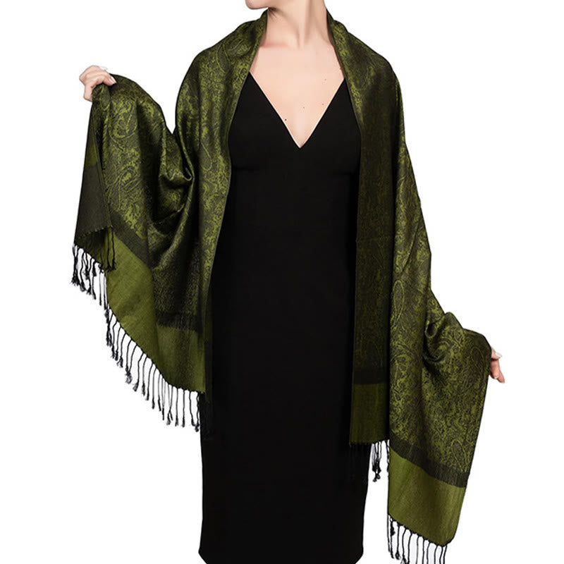 Buddha Stones Tibetan Cashew Jacquard Tassels Shawl Spring Fall Winter Warm Cozy Scarf Wrap - OliveDrab 180*70cm - image 19